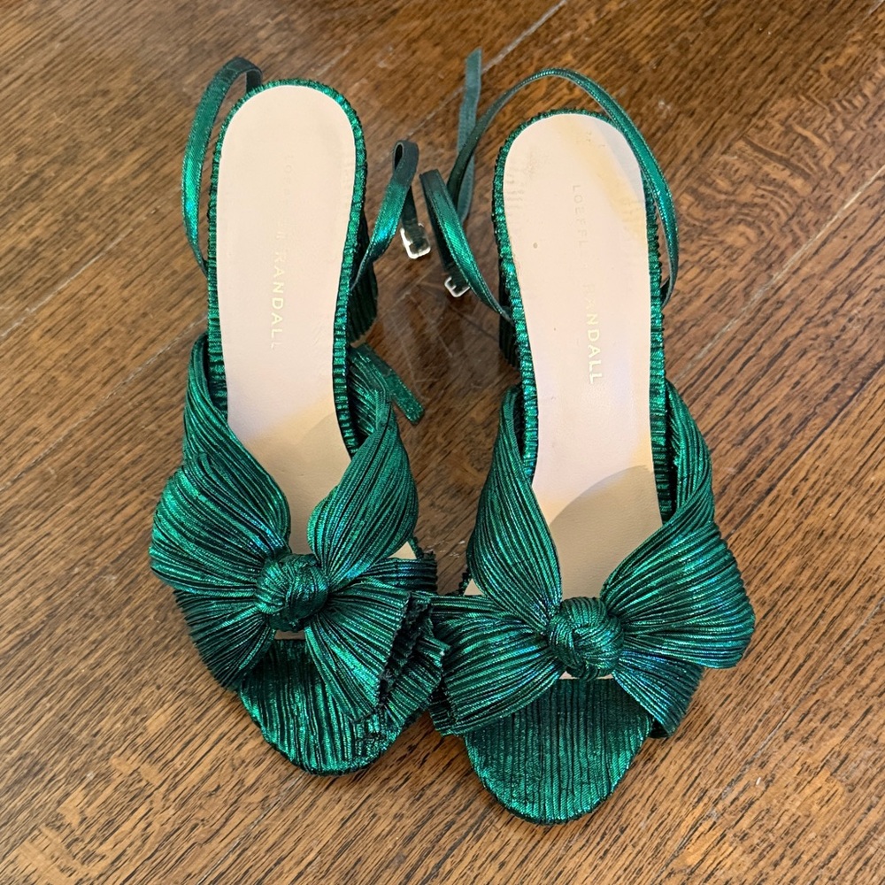 Loeffler Randall Camellia Pleated Bow Heels — Emerald Green, Size 8.5